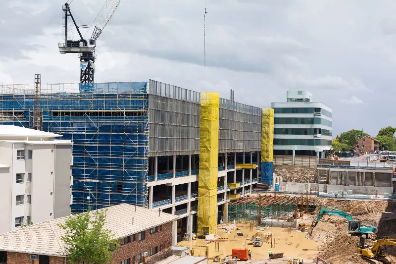 Construction site with screens for safety