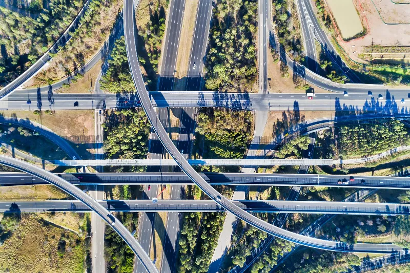 Aerial view of a multi-level interchange freeway